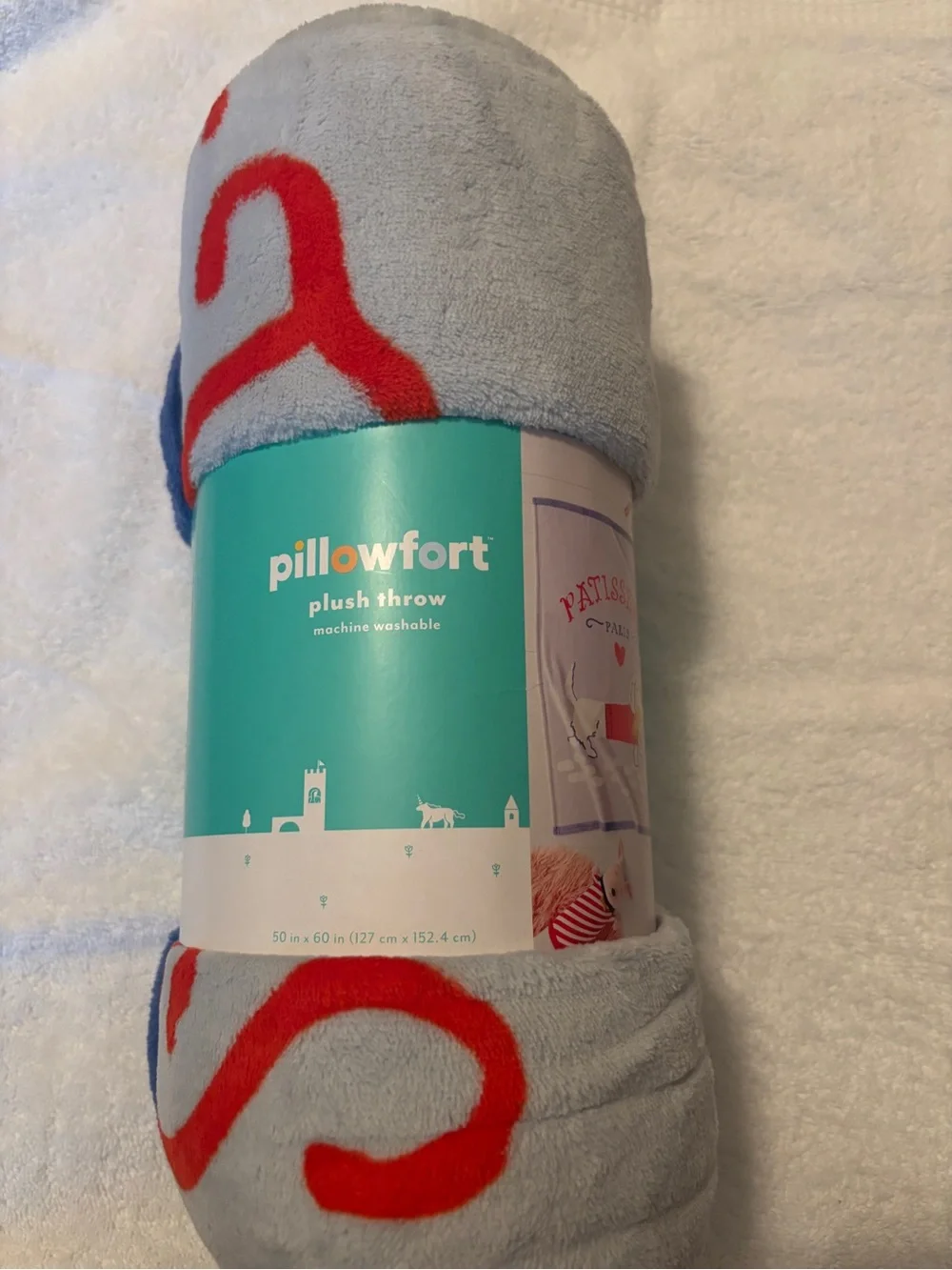 Pillowfort - Patisserie Paris Plush Throw in Light Gray and Royal Blue NWT 50x60